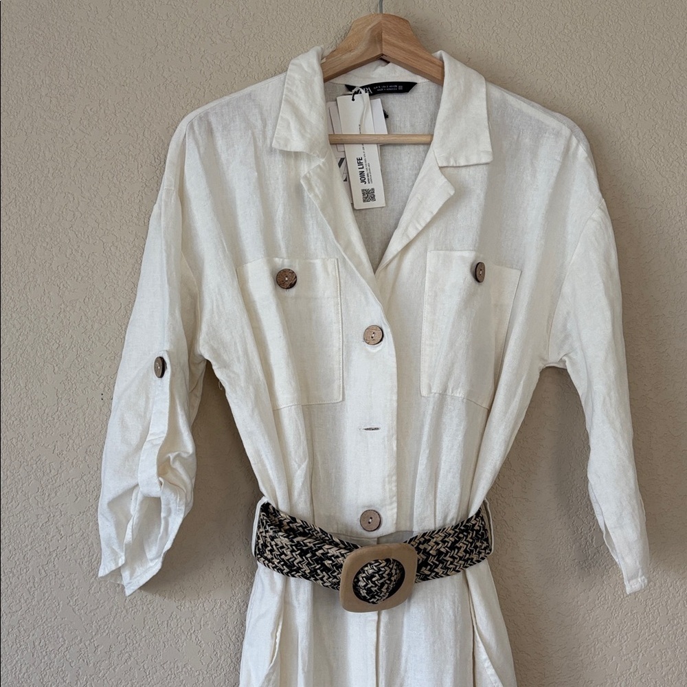 Zara Off White Button-Front Jumpsuit with Decorative Belt- NWT - Picture 3 of 6